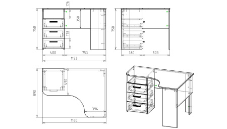 Стол угловой коллекции Гранд с 3 ящиками (ширина 1160 мм) от Династия Kids