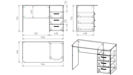 Стол Твой Стиль с 3 ящиками (без принта) от Династия Kids