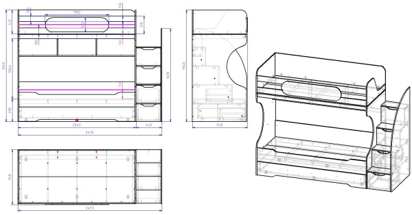 Кровать 2-х ярусная БИГ (дуб каньон + белый) 200х90 от Династия Kids