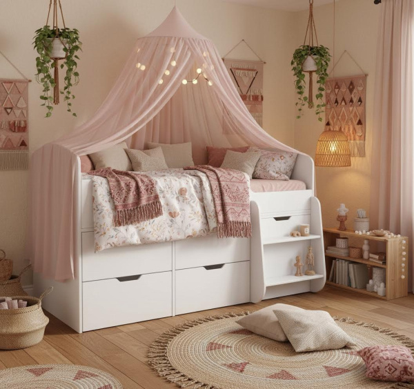 Кровать-чердак Малыш 7 (цвет белый) 160х80 с 4 ящиками