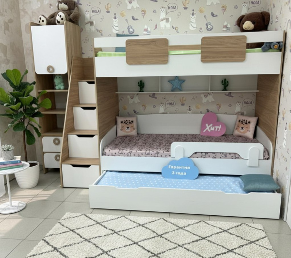 Кровать-чердак Мозаика + кровать Двушка (цвет белый) 190х90 