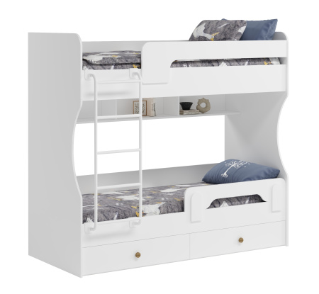 Кровать 2-х ярусная Омега с бортиком (цвет белый + лестница черная). Со съемным нижним бортиком от Династия Kids