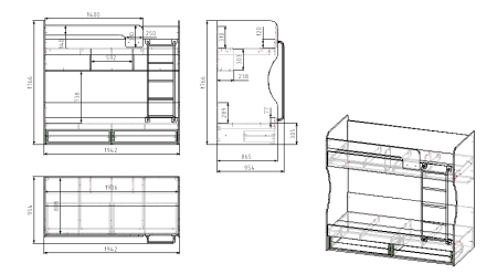 Кровать 2-х ярусная Омега с бортиком (цвет белый + лестница черная). Со съемным нижним бортиком от Династия Kids